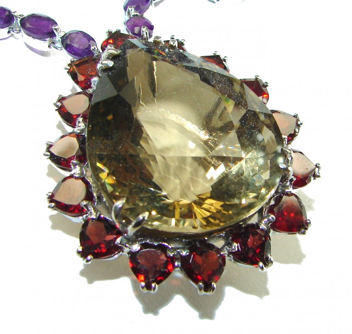 Outstanding carved Smoky Topaz .925 Sterling Silver handcrafted Statement necklace - photo 1