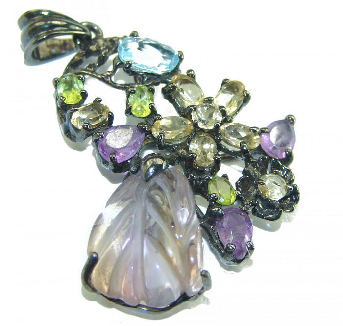 Natural carved Pink Ametrine black rhodium over .925 Sterling Silver Pendant - photo 2