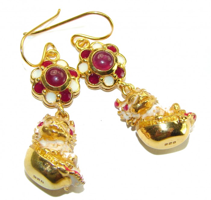 Golden Chipmunks Genuine Ruby Enamel 14K Gold over .925 Sterling Silver handcrafted Earrings - photo 2