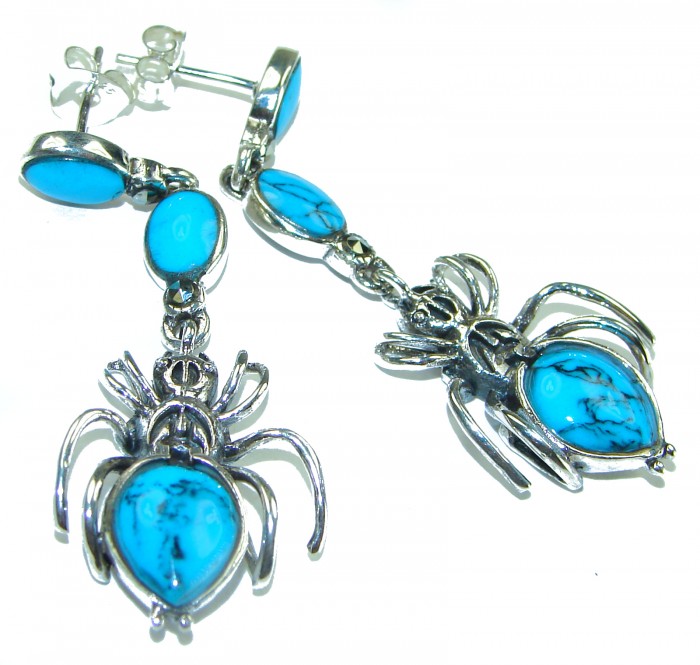 Blue Spiders Natural Turquoise .925 Sterling Silver handmade stud earrings - photo 2
