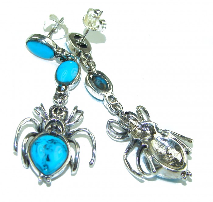 Blue Spiders Natural Turquoise .925 Sterling Silver handmade stud earrings - photo 1