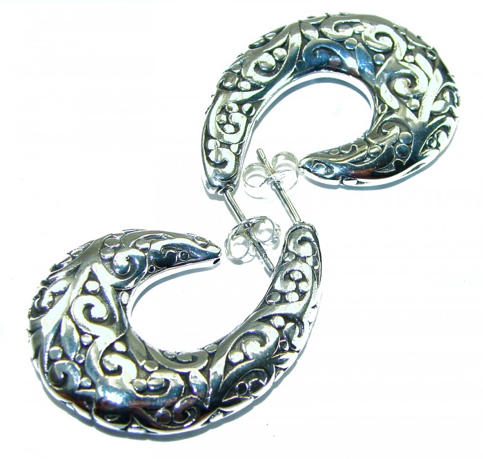 1 5/8 inches long - Free Spirit bohemian Style .925 Sterling Silver handmade Bali made Oversized Earrings - Intricate sterling silver bohemian earrings, top view, 1 5/8 inches long.