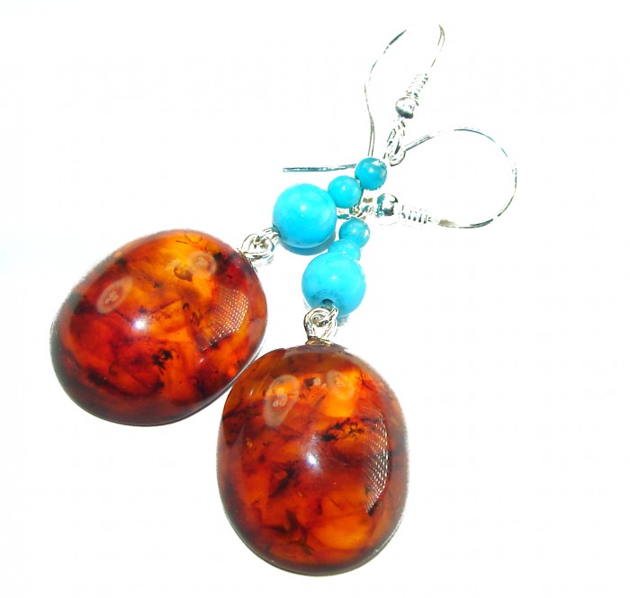 Baltic Polish Amber Turquoise .925 Sterling Silver Earrings - Amber and turquoise earrings with silver hooks, front view.