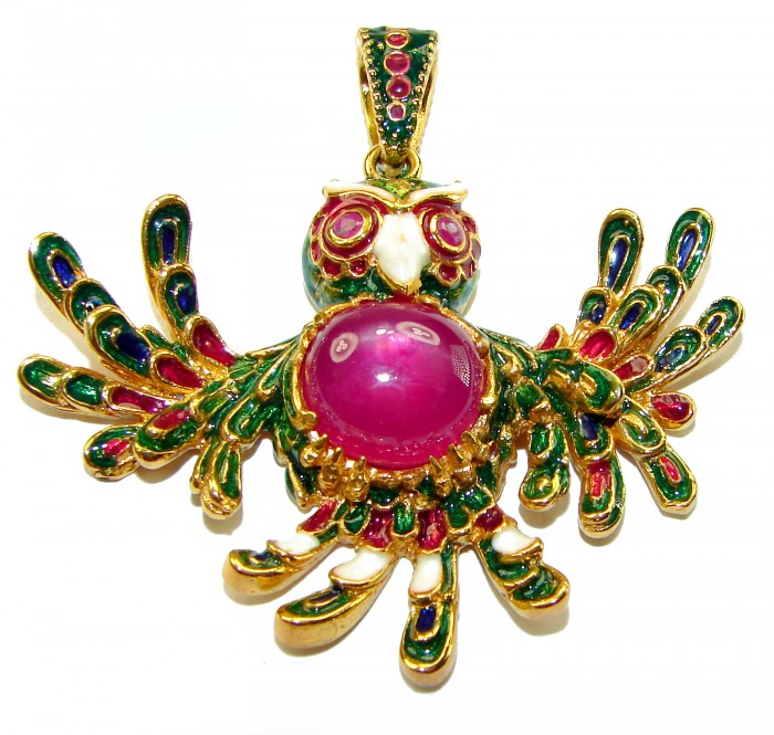 Precious Parrot Natural 8.2 carat Star Ruby Enamel 18K Gold over .925 Sterling Silver Pendant - Front view of Precious Parrot pendant with star ruby and enamel.