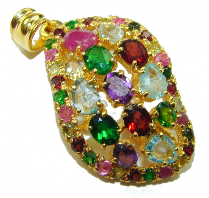 Colorful World Genuine Authentic 19.5 carat Multigem 14K Gold over .925 Sterling Silver handcrafted Pendant - Colorful multigem pendant, close-up, showcasing vibrant stones and gold setting.