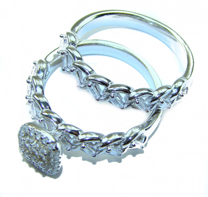 6.8 carat White Topaz .925 Sterling Silver brilliantly handcrafted stack ring s. 6 3/4 - Three sterling silver rings with white topaz, close-up view.