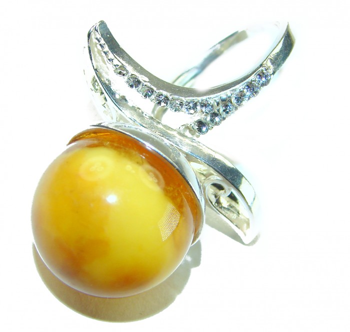 Large Golden Power Butterscotch Baltic Amber .925 Sterling Silver handcrafted ring; s. 8 - Close-up of large butterscotch amber ring with sterling silver setting.