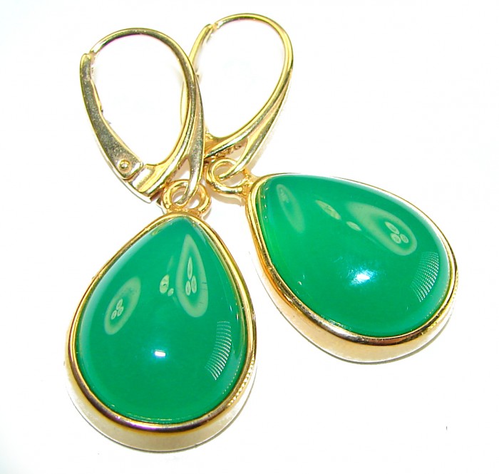 Unique genuine Jade 18K Gold over over .925 Sterling Silver handcrafted earrings - Teardrop jade earrings close-up with gold setting.