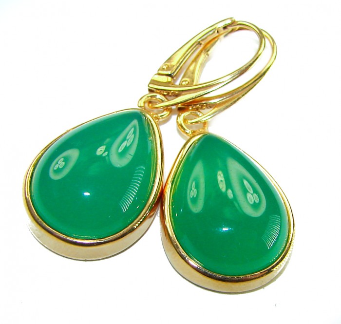 Unique genuine Jade 18K Gold over over .925 Sterling Silver handcrafted earrings - Teardrop jade earrings, front view, 18K gold over .925 sterling silver.