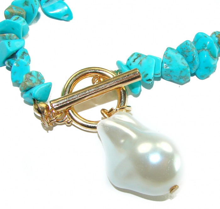 Beauty of Nature - natural turquoise 10K Gold over .925 Sterling Silver handmade Statement Bracelet - Close-up of turquoise necklace with gold clasp and pearl detail
