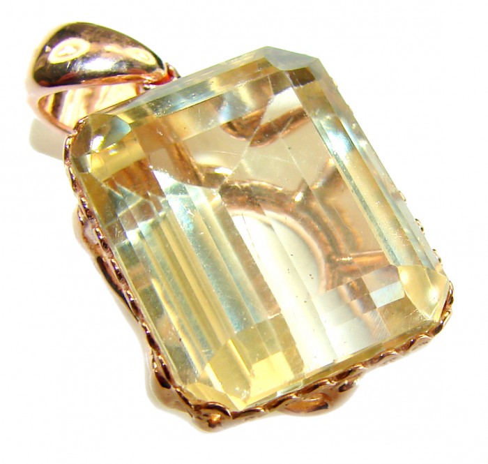 Baquette cut 10.3 carat Lemon Quartz 18K Gold over .925 Sterling Silver handcrafted pendant - Close-up of baguette-cut lemon quartz pendant with gold setting