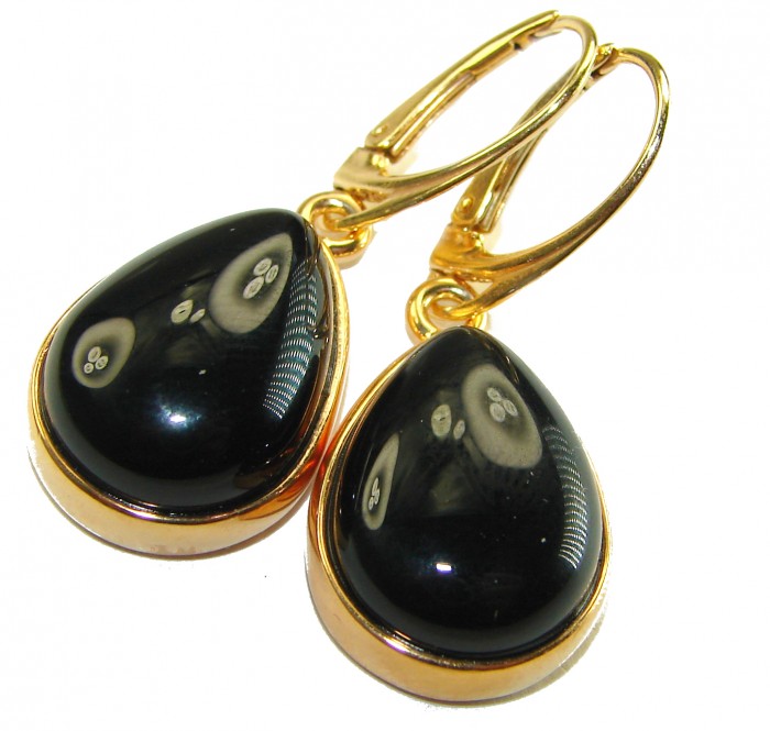 Outstanding authentic Onyx 14K Gold over .925 Sterling Silver Earrings - Close-up of onyx earrings with 14K gold over .925 sterling silver.