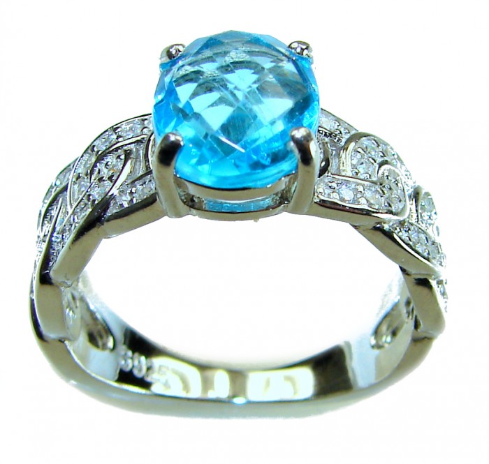 Blue Odyssey 4.5 carat authentic Swiss Blue Topaz .925 Sterling Silver handmade Statement Ring size 8 - Side view of Blue Odyssey ring with 4.5 carat Swiss Blue Topaz.