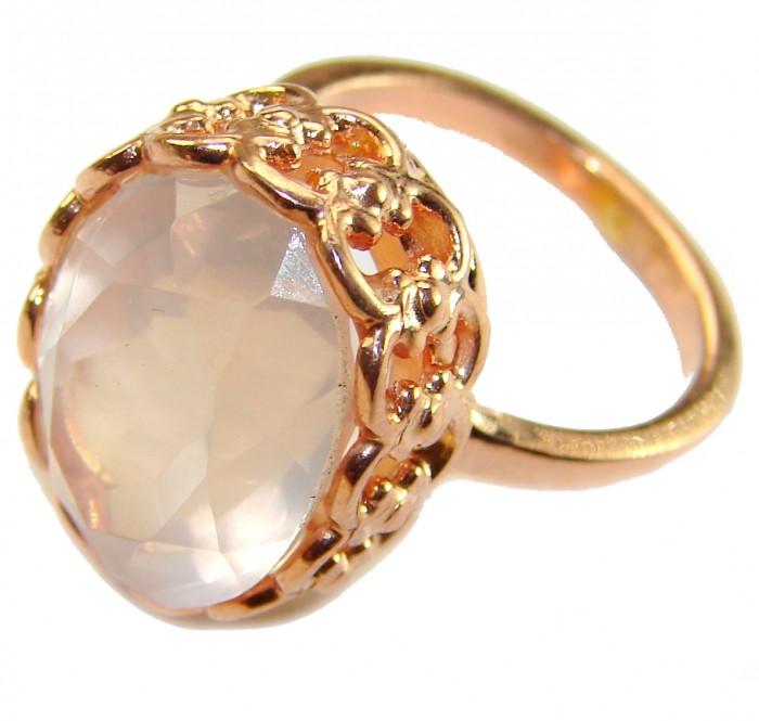 Authentic 18.5 carat Brazilian Rose Quartz 14K Rose Gold over .925 Sterling Silver incredible Ring size 6 - Close-up of rose quartz ring in 14K rose gold setting