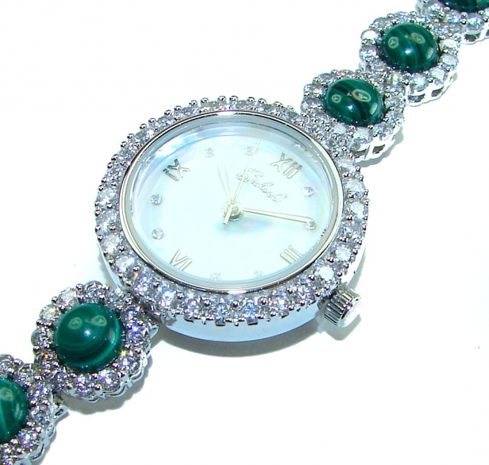 Precious Authentic Australian Malachite .925 Sterling Silver handmade Bracelet Watch - Close-up of watch with malachite stones and diamond-like detailing