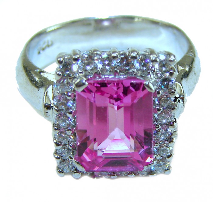 Blooming Beauty 5.8 carat Pink Sapphire .925 Silver handcrafted Cocktail Ring s. 5 1/2 - Pink sapphire ring in silver setting, close-up front view