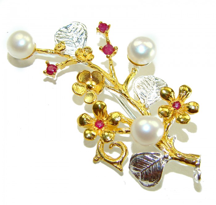 Floral Design Genuine Pearl Ruby 14K Gold .925 Sterling Silver handmade Pendant Brooch - Floral design brooch with pearls and rubies in gold and silver, top view.