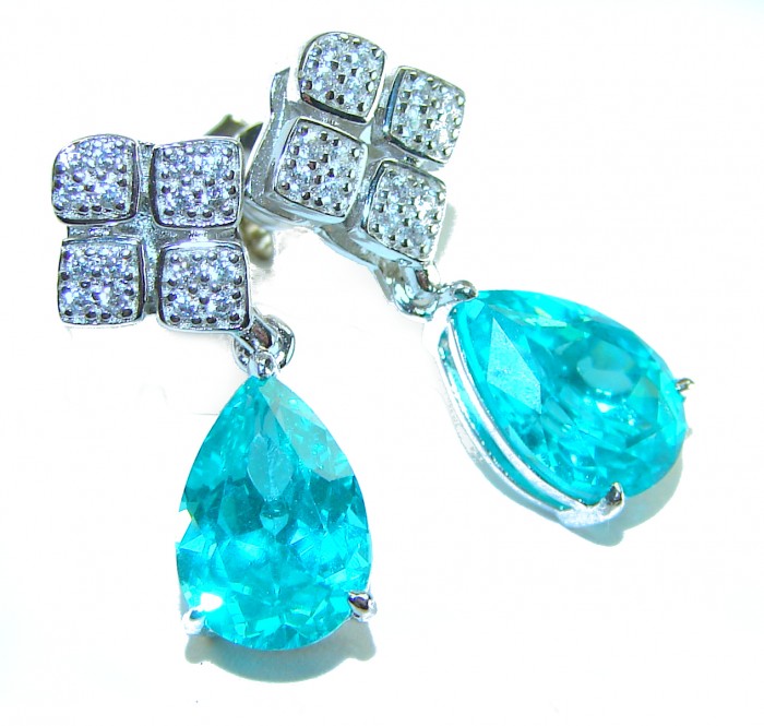 Pedra Azul authentic 4.5 carat Aquamarine .925 Sterling Silver handcrafted Statement earrings - Close-up of Pedra Azul aquamarine earrings with sterling silver setting.
