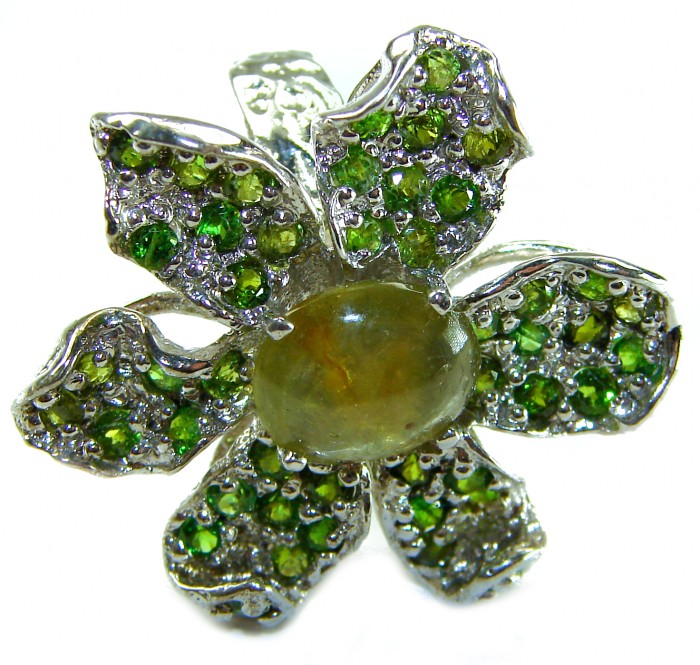 Exotica Natural 15.4 carat Green Tourmaline Tsavorite Garnet .925 Sterling Silver handmade Large Statement Ring size 7 - Green tourmaline flower ring close-up with tsavorite garnet accents