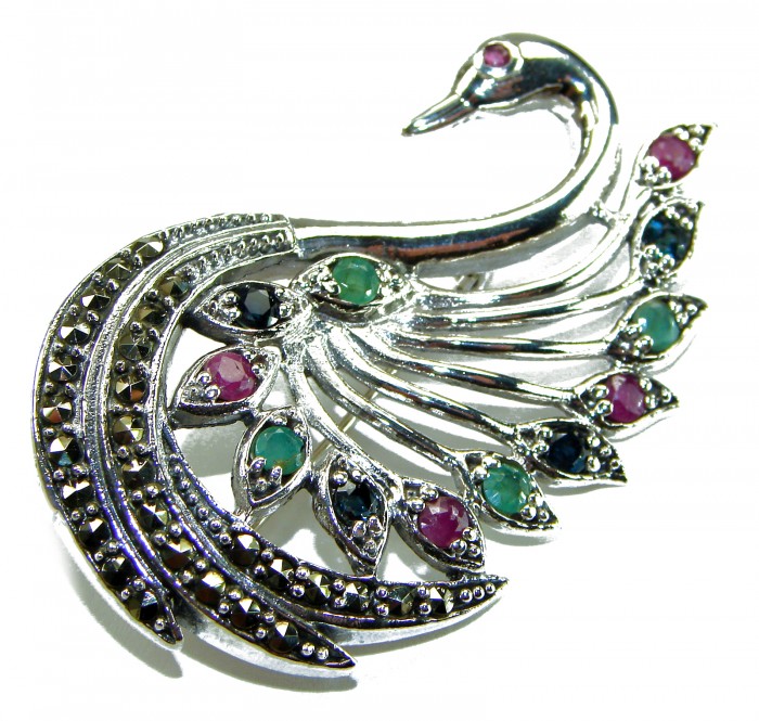 Perfect Swan Ruby 18K Gold over .925 Sterling Silver handmade Pendant Brooch - Elegant swan brooch with colorful gemstones, top view.