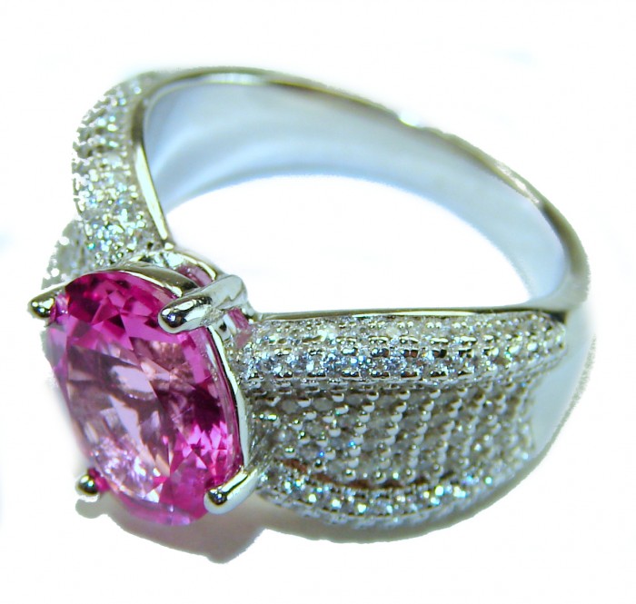 Blooming Orchid 6.8 carat Pink Sapphire .925 Silver handcrafted Cocktail Ring s. 6 - Side view of Blooming Orchid Pink Sapphire in .925 silver ring.