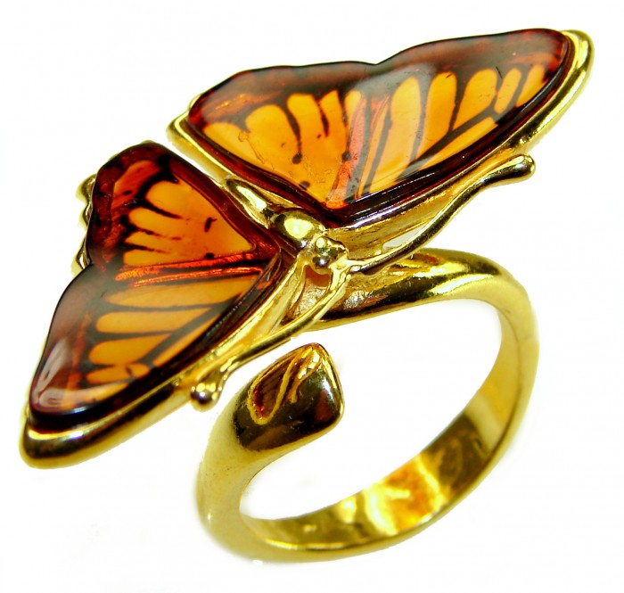 Butterfly Authentic carved Baltic Amber 18K Gold over .925 Sterling Silver handcrafted ring; s. 8 adjustable - Butterfly amber ring, 18K gold, top view showing detailed wings.