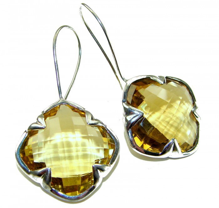 Summer Friday 25.8 carat Lemon Quartz .925 Sterling Silver handcrafted Statement Earrings - Lemon Quartz earrings front view with sterling silver setting