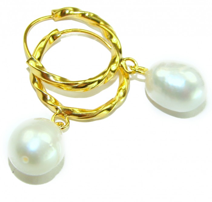 Genuine Pearl 14K Gold over .925 Sterling Silver handcrafted Statement Earrings - Gold hoop earrings with genuine pearl drops, close-up view.