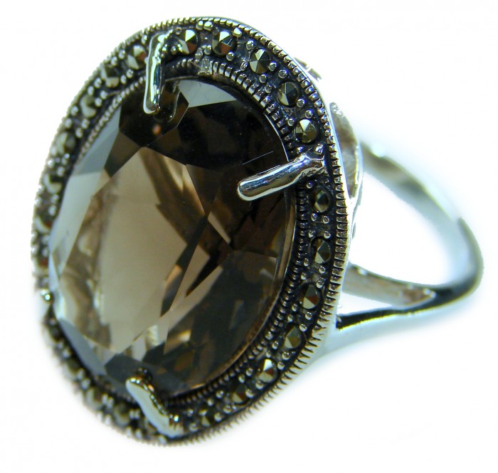 Odyssey 20.5 carat Genuine Smoky Topaz .925 Sterling Silver Handcrafted Ring size 7 - Close-up of Odyssey 20.5 ct Smoky Topaz ring in .925 Sterling Silver