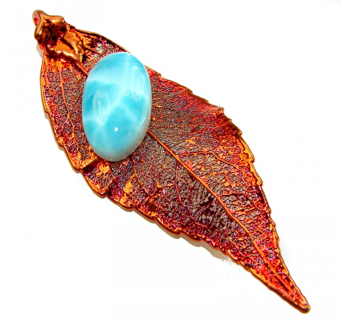 Rain Drop REAL Leaf dipped in copper Genuine 12.2 carat Larimar & .925 Sterling Silver Pendant - Copper leaf with blue stone, top view, jewelry display.