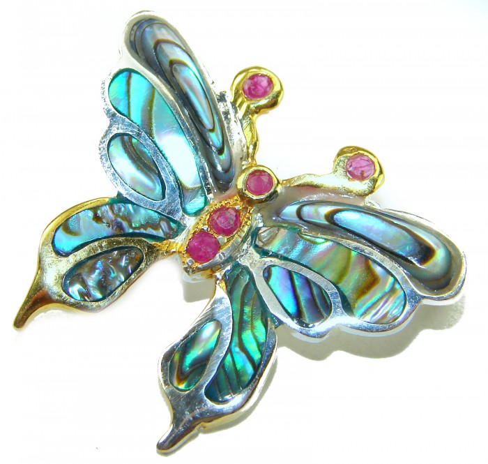 BUTTERFLY Natural Rainbow Abalone .925 Sterling Silver handmade Pendant - Butterfly brooch with abalone and pink stones, front view.
