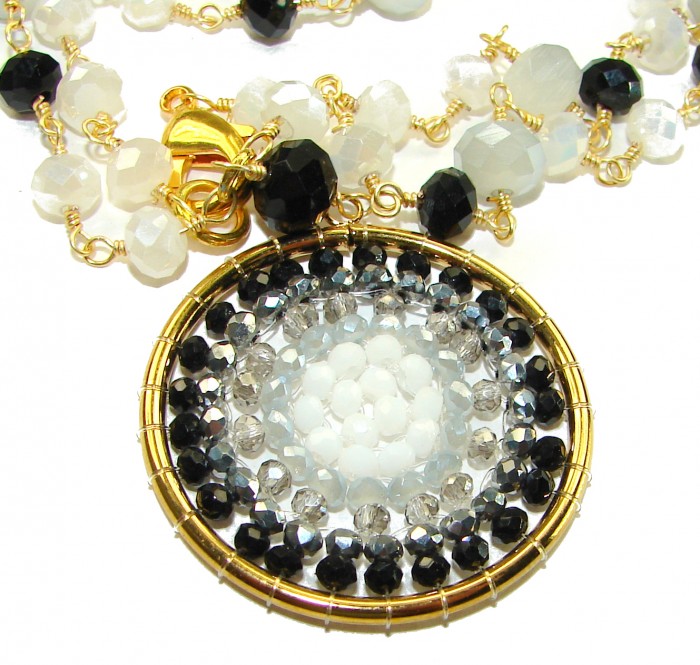 Magnificent Moonlight Crystal Onyx 14K Gold over .925 Sterling Silver handmade Necklace - Close-up of Magnificent Moonlight Crystal Onyx pendant with gold details.