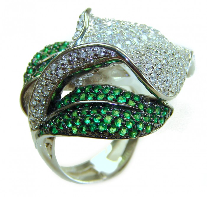 Gabriella 22.2 carat authentic Colombian Emerald .925 Sterling Silver handcrafted Statement Ring size 6 1/4 - Side view of Gabriella 22.2 carat Colombian emerald ring in sterling silver.