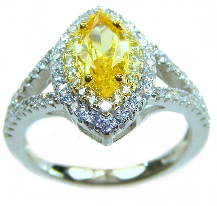 Marquise cut 4.2 carat yellow Sapphire .925 Sterling Silver brilliantly handcrafted ring s. 7 1/4 - Close-up of marquise cut yellow sapphire ring with diamond accents