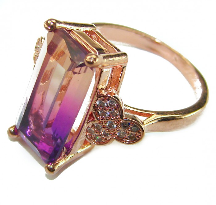 Tiffany baquette cut 10.5 carat Ametrine 18K Rose Gold over .925 Sterling Silver handmade Ring s. 6 1/2 - Side view of ametrine ring with rose gold and diamond accents