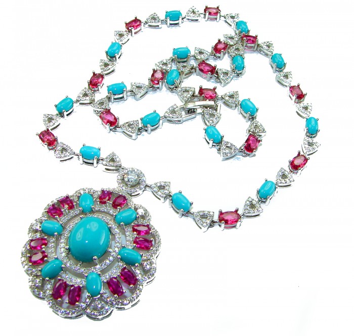 Art Deco - Pacifica - 68.4 carat Sleeping Beauty Turquoise Pink Tourmaline .925 Sterling Silver handmade Statement necklace; 18 inches long - Art Deco Pacifica necklace with turquoise and pink stones, top view.