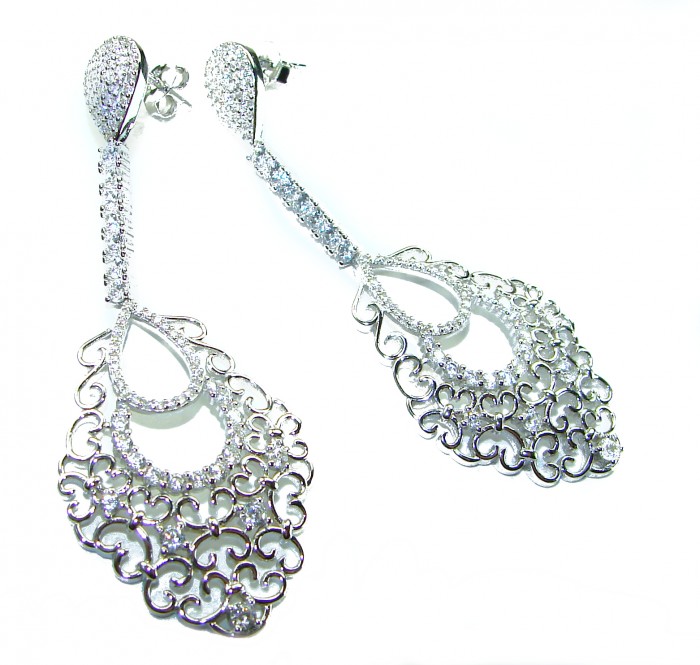 Pure Luxury 6.2 carat natural White Topaz .925 Sterling Silver handmade Statement earrings - Elegant dangling earrings, top view, showcasing ornate design and sparkle