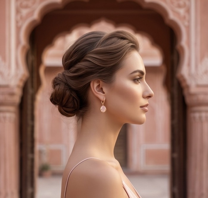 Authentic 10.2 carat Rose Quartz 14K Gold over .925 Silver handcrafted Statement earrings - Side view of woman wearing rose quartz earrings in elegant setting.