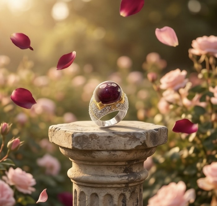 Bella Rosa Genuine 15.8 CARAT Star Ruby 22K Gold over .925 Sterling Silver Large Statement Ring size 6 3/4 - Star Ruby ring on pedestal with rose petals, garden backdrop