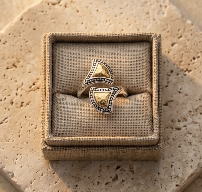 Precious Natural two tones .925 Sterling Silver Bali made ring size 9 - Two-tone sterling silver ring in a display box, top view.
