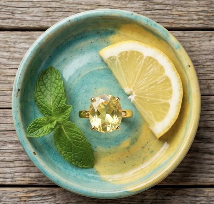 Solid 8.8 carat Genuine Lemon Quartz 18K Gold over .925 Sterling Silver handcrafted ring size 6 - Top view of lemon quartz ring with lemon and mint on ceramic plate