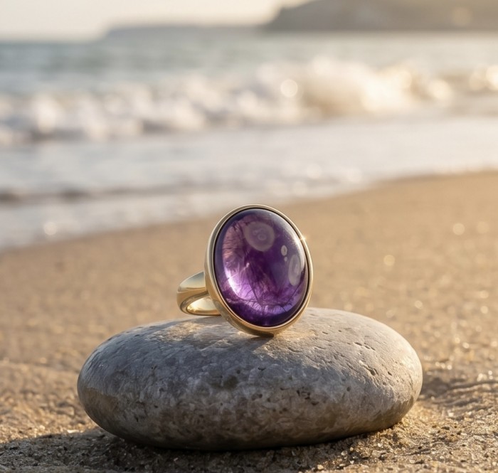 Peace 15.5 carat natural Amethyst 18K Gold over .925 Sterling Silver Handcrafted Ring size 8 adjustable - Close-up of amethyst ring on stone by the beach.