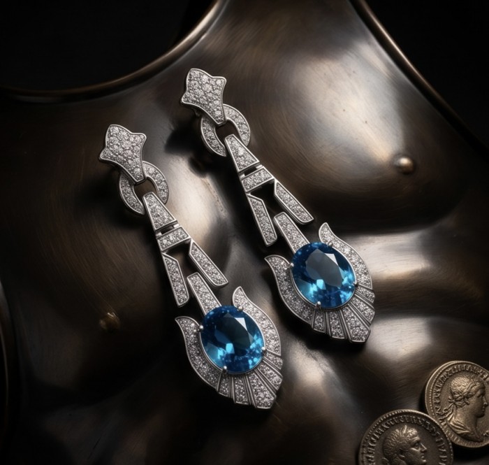 Art Deco 4.8 carat oval cut Swiss Blue Topaz rhodium over .925 Sterling Silver Handcrafted Statement earrings - Art Deco Swiss Blue Topaz earrings, front view, on dark textured background.