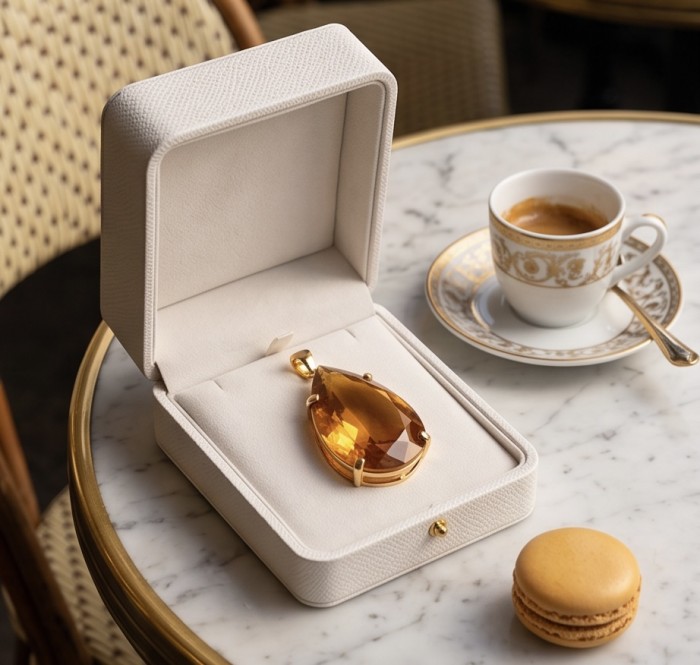 Oval cut 37.3 carat Lemon Quartz 22K Gold over .925 Sterling Silver handcrafted pendant - Lemon Quartz pendant in box on table next to espresso and macaron.