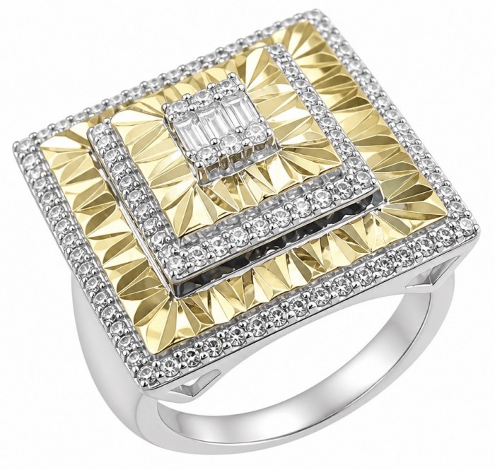 Art Deco 2.2 carat White Topaz 14K Gold over .925 Silver handcrafted Cocktail Ring s. 7 1/4 - Art Deco ring top view, 14K gold over sterling silver, white topaz accents.