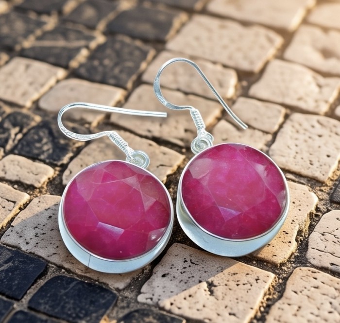 Born to Glam uthentic 15.2 carat Ruby .925 Sterling Silver handcrafted earrings - Ruby earrings close-up on cobblestone background