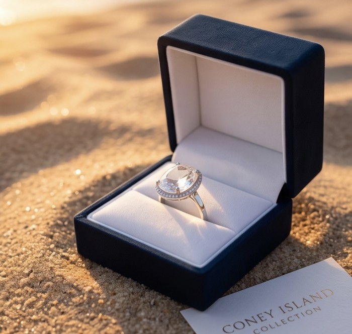 Angelina 14.9 carat authentic White Topaz .925 Sterling Silver Handcrafted Ring size 7 - White topaz ring in box on sand, top angle view, Coney Island label visible.