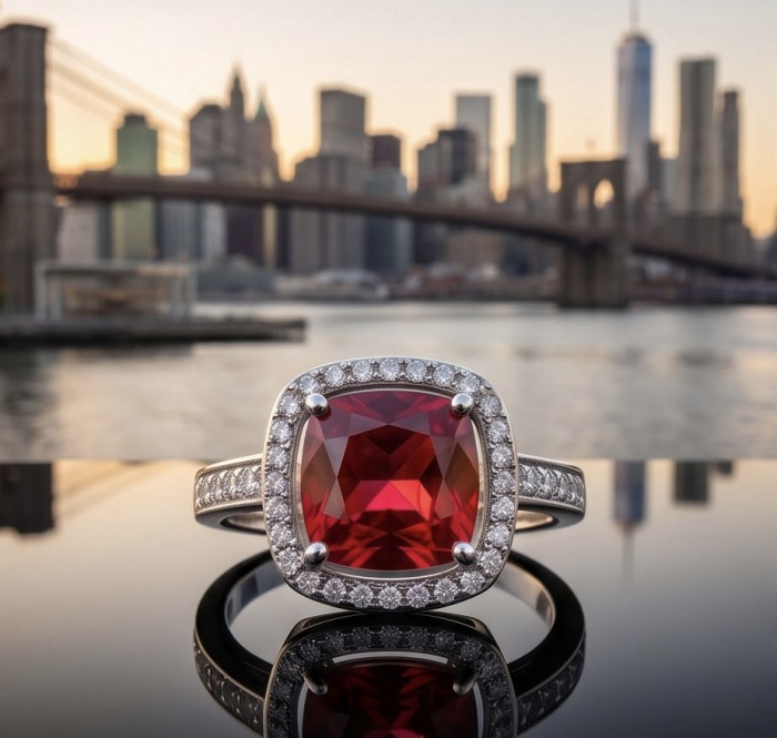 Scarlett princess cut 4.7 ctw Ruby .925 Sterling Silver handcrafted Statement Ring size 6 - Close-up of Scarlett ruby ring with city skyline in background