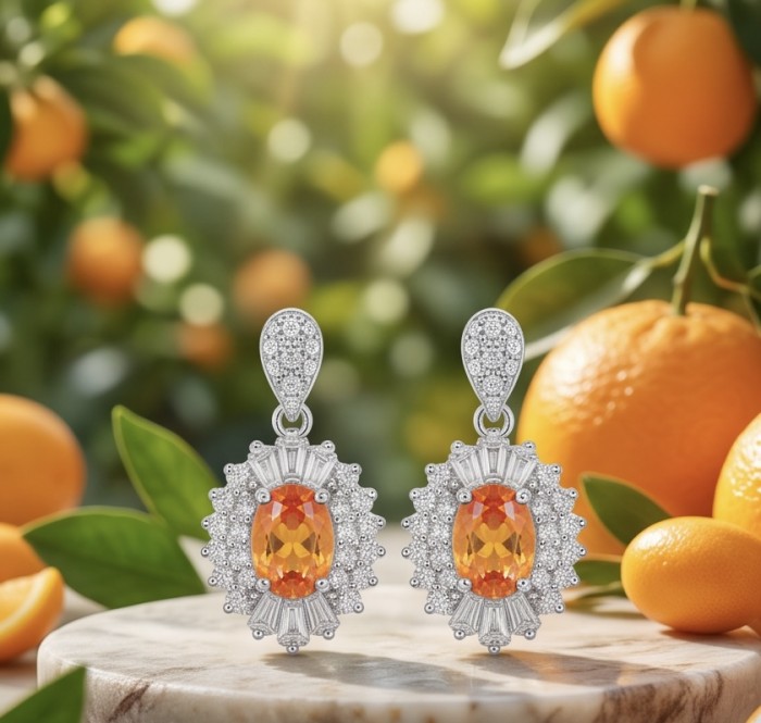 Valentina 2.5 carat Padparadscha Orange Sapphire .925 Sterling Silver handcrafted earrings - Earrings with orange sapphires and diamonds against orange background