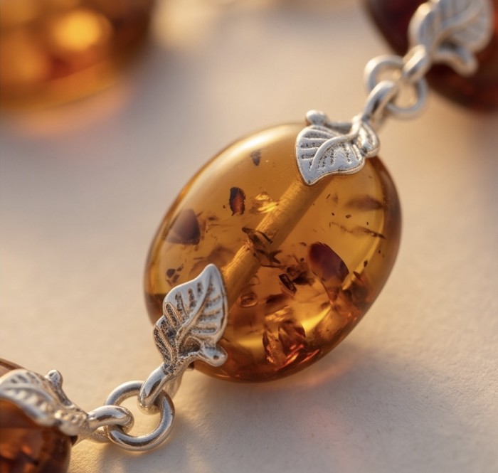 Golden Baltic Amber .925 Sterling Silver dipped in rhodium handamde Bracelet - Close-up of Baltic amber with silver leaf detail in natural light